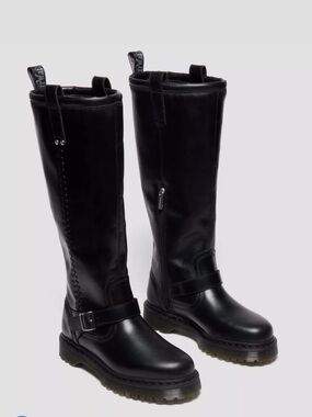 Black Leather Dr Marten Knee-High Buckle Boots